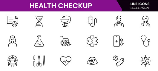 Health Checkup web icons in line style. Medicine, check up, doctor, dentistry, pharmacy, lab, scientific discovery, collection. Vector illustration.