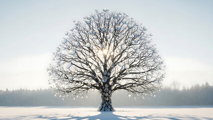 A bare tree in a snowy field with water droplets and sun shining through the branches in winter scene