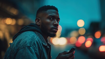 A focused man in modern streetwear jacket holding a phone on a city street at dusk, with moody blue and orange bokeh lights and cars in the background, conveying an urban lifestyle and technology vibe