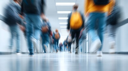 In a lively school corridor, students rapidly move between classrooms as the bell rings, carrying backpacks and chatting excitedly. The atmosphere is full of energy and anticipation