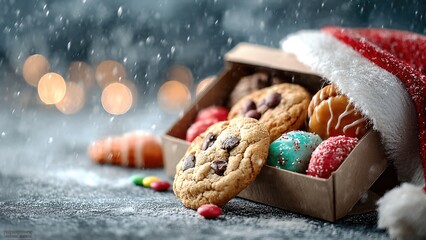 Festive Food Box with Santa Hat in Snowy Scene