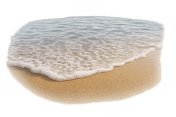 Beach wave rolling onto sandy shore creating foam, ocean water meeting land, transparent background element