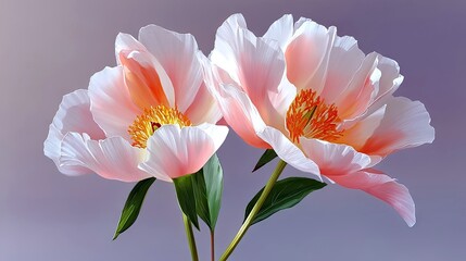 Close-up of two beautiful pink peonies in full bloom, showcasing delicate petals and vibrant colors against a soft purple backdrop.