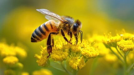 A bee is seen actively gathering nectar from bright yellow flowers in a lively garden. The sun shines enhancing the beautiful colors and the buzzing activity captures the essence of spring.