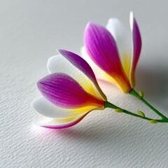 Close-up of two plumeria flowers with white and purple petals, lying on a textured white surface. The image has soft lighting and a focus on the details of the