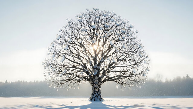 A bare tree in a snowy field with water droplets and sun shining through the branches in winter scene