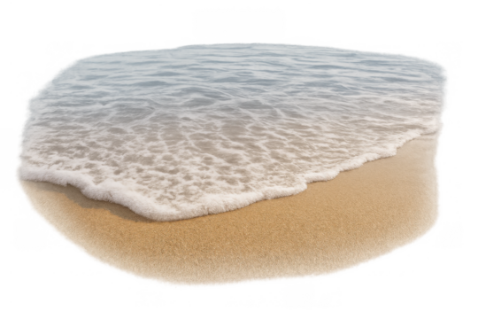 Beach wave rolling onto sandy shore creating foam, ocean water meeting land, transparent background element