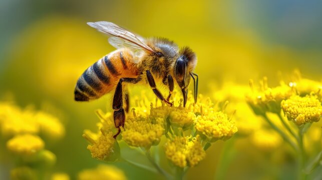 A bee is seen actively gathering nectar from bright yellow flowers in a lively garden. The sun shines enhancing the beautiful colors and the buzzing activity captures the essence of spring.