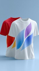 Two t-shirts, one red and one white with a colorful design, stand against a light blue background.