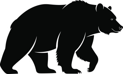 Naklejka premium Bear silhouette walking right, detailed wild animal shape, black forest creature, strong predator icon, nature illustration, white background, side profile
