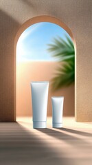 Two white cosmetic tubes are displayed on a wooden surface. The scene is framed by a soft archway, with dappled sunlight and shadows creating a serene mood. A b