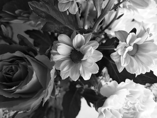 Black and white photo with bouquet of rose and daisies, top view.