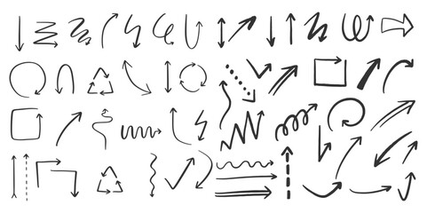 Arrow vector line set. Charcoal hand drawn pencil arrows. Doodle curved chalk darts. brush sketch arrow line curve up, down shape chalk texture element set. Abstract grunge scribble chalk crayon style