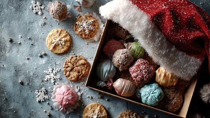 Obraz premium Festive Food Box with Santa Hat in Snowy Scene