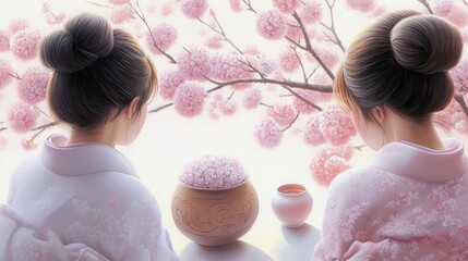 Two women wearing kimonos admire the cherry blossoms through a window. A small pot and cup are on the table. The scene is indoors, with a soft, peaceful mood.