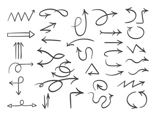 Arrow vector line set. Charcoal hand drawn pencil arrows. Doodle curved chalk darts. brush sketch arrow line curve up, down shape chalk texture element set. Abstract grunge scribble chalk crayon style