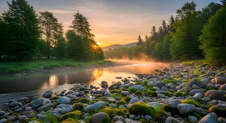 Beautiful Colorful Landscape with Trees Flowers and Waterfall