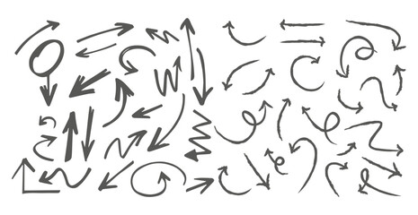 Arrow vector line set. Charcoal hand drawn pencil arrows. Doodle curved chalk darts. brush sketch arrow line curve up, down shape chalk texture element set. Abstract grunge scribble chalk crayon style