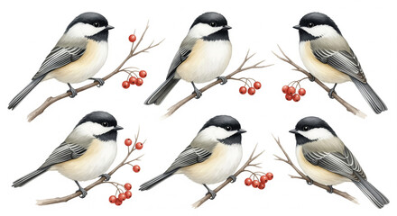 Fototapeta premium Charming chickadees perched on winter branches with bright red berries create a delightful natural pattern perfect for seasonal designs