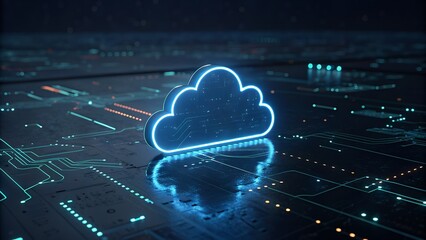 Modern cloud computing visualization with neon glow, perfect for tech companies, digital marketing, and innovative IT solutions in the digital age
