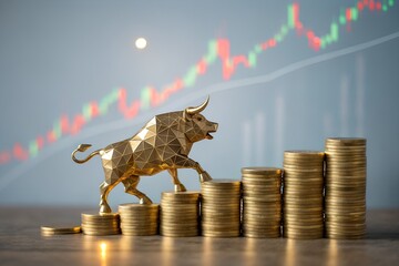 Dynamic bull market concept with golden bull on rising coins and stock graph, symbolizing financial growth and investment success
