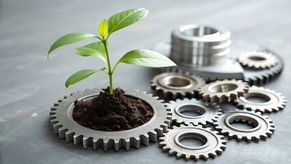 Sustainable future concept showing new growth, plant in gear, symbolizing progress and eco-friendly technology with focus on environmental solutions