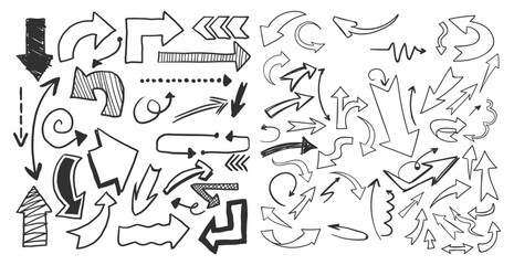 Arrow vector line set. Charcoal hand drawn pencil arrows. Doodle curved chalk darts. brush sketch arrow line curve up, down shape chalk texture element set. Abstract grunge scribble chalk crayon style