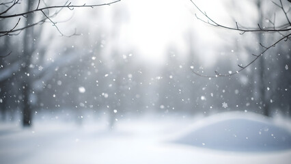 Gentle snowfall creates a serene winter landscape with bare branches reaching towards a bright, hazy sun. isolated on white background