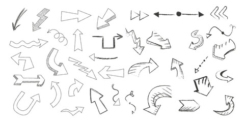 Arrow vector line set. Charcoal hand drawn pencil arrows. Doodle curved chalk darts. brush sketch arrow line curve up, down shape chalk texture element set. Abstract grunge scribble chalk crayon style