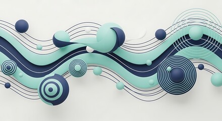 3D Abstract Wavy Shapes with Spirals in Sea Green and Dark Blue Tone