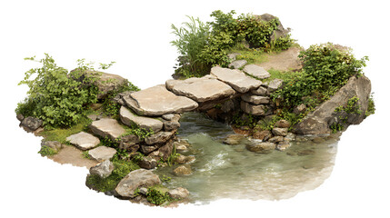 A stone footbridge over a babbling brook, with smooth, water-worn stones and lush bankside vegetation, isolated on a Transparent background