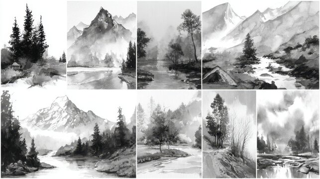 A series of black and white landscape scenes showcases majestic mountains tranquil rivers and dense forests. The artworks range from serene morning light to misty dusk capturing nature's beauty. - Powered by Adobe