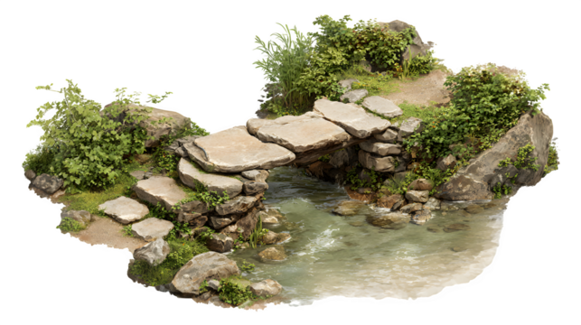 A stone footbridge over a babbling brook, with smooth, water-worn stones and lush bankside vegetation, isolated on a Transparent background