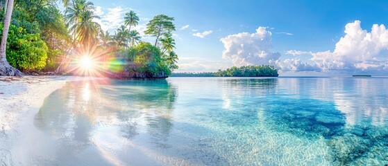 A beautiful tropical beach scene with palm trees, clear blue water, and a vibrant sunset. The sun is setting over the water, creating a warm and inviting atmosp