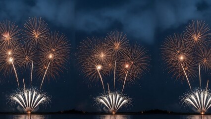 Spectacular fireworks display over water reflecting in the dark sky during a nighttime celebration and festival event with vibrant colors