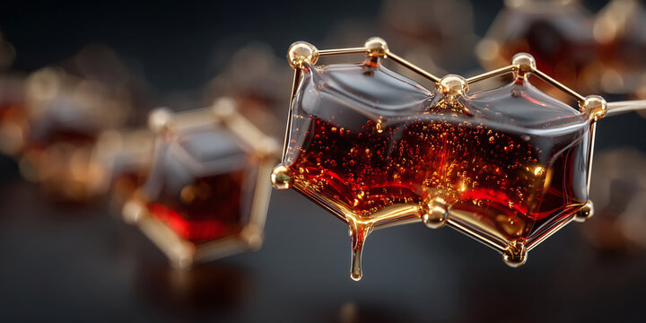 Molecular Structure Science Abstract Background with Hexagonal Cells and Liquid Amber Droplets