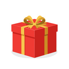 Obraz premium Red present box wrapped with a golden ribbon and bow on a white background. 