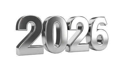 Shiny metallic silver 3d rendering of the year 2026 number isolated on transparent background, representing the upcoming future calendar date or new year celebration concept