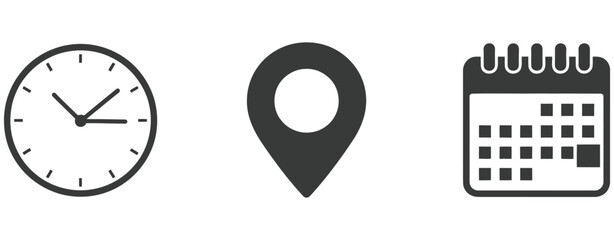 Clock location and calendar icons, representing time, place, schedule, appointments, planning, organization, reminders, deadlines, daily routine, productivity, business management, event tracking,