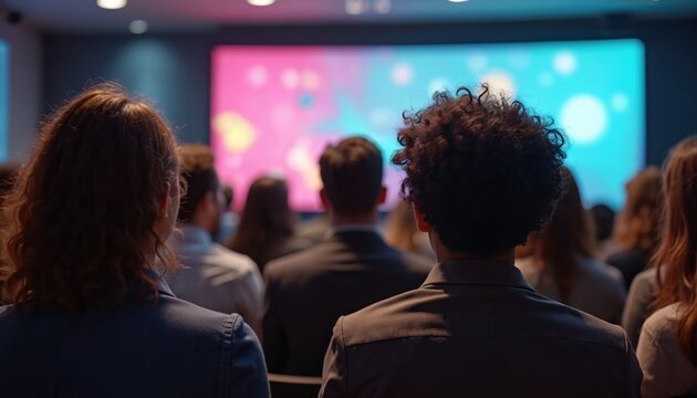 Audience listens presentation during conference. Diverse group professionals in lecture hall setting. People attend global event discussing mental health. Focus on collaboration society inclusion,