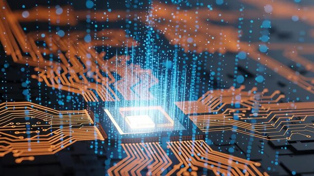 Quantum computing processing future technology innovation science physics algorithm network data speed ai glowing processor emits digital particles laboratory scene illustrating breakthrough glowing