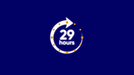 Animated 29 hours countdown timer graphic with circular arrow and orange dots on dark blue background motion graphic for time sensitive promotions urgent deadlines and time lapse concepts