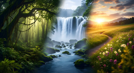 Beautiful Colorful Landscape with Trees Flowers and Waterfall