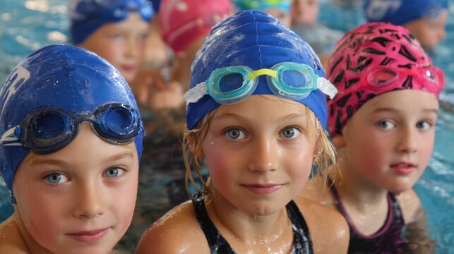 Group of children in swim caps and goggles smiling at the camera while gathered at a swimming pool ready for their training. The atmosphere is joyful and energetic.