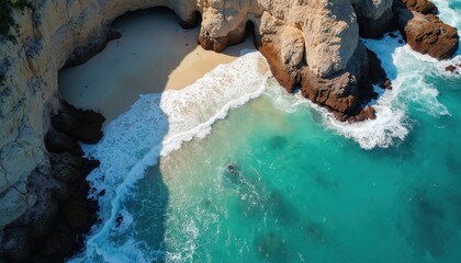 Aerial view of a secluded beach with turquoise water. Rocky cliffs frame the sandy shore where waves crash. Beautiful coastal scenery from above. Travel destinations scenic location.