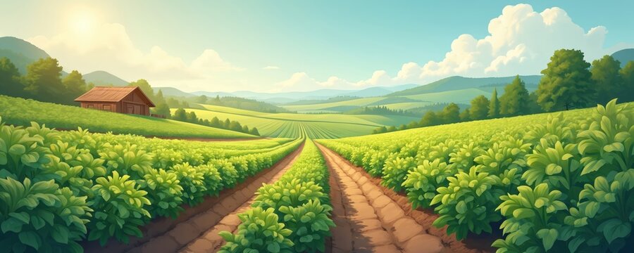 Green farm field with rows of plants. Barn house in background. Mountain landscape with blue sky, white clouds. Sustainable farm land with crops. Eco friendly agriculture practice. Farmer field with