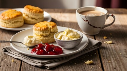 Scones with jam and tea with milk on the table. horizontal  