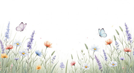 Watercolor wildflowers and butterflies create a whimsical, dreamy meadow scene perfect for spring designs and invitations