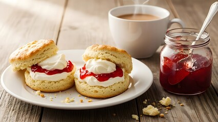 Scones with jam and tea with milk on the table. horizontal  