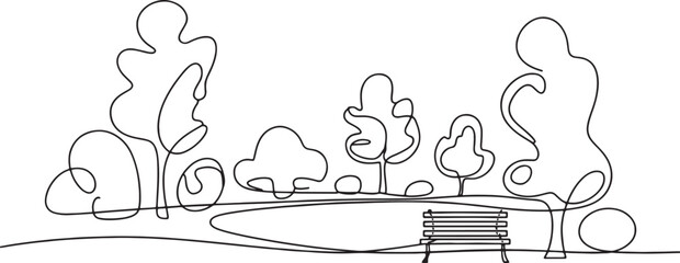 Continuous line art drawing of a peaceful park scene with trees, a pond or path, and a park bench.